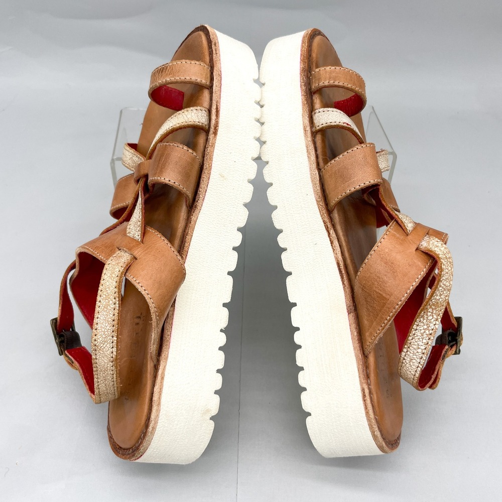 Bed Stu Womens 8 Crawler Platform Sandals Tan Gold Leather Toe Loop Strappy Shoe - Picture 10 of 12